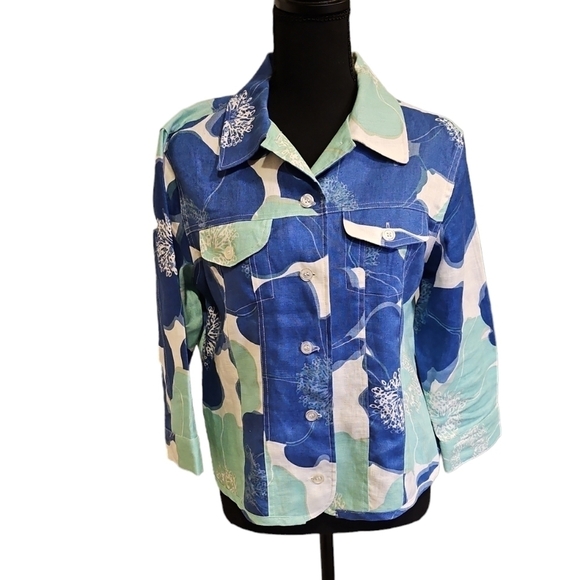 Patrick Christopher Sea Print 100% Linen, Tropical Color Jacket Size M - Picture 1 of 6